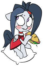Size: 581x890 | Tagged: safe, artist:whydomenhavenipples, edit, rumble, pegasus, pony, g4, alternate hairstyle, blushing, clothes, colt, crossdressing, dress, eyelashes, food, male, no catchlights, pillow, sandwich, simple background, solo, trap, white background