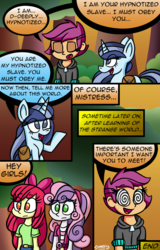 Size: 768x1202 | Tagged: safe, artist:snakeythingy, apple bloom, scootaloo, sweetie belle, oc, oc:spiral swirl, human, pony, equestria girls, g4, comic, commission, dialogue, hypnosis, hypnotized, swirly eyes