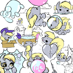 Size: 3000x3000 | Tagged: safe, artist:itsalwayspony, derpy hooves, fluttershy, rarity, pegasus, pony, g4, box, bubble, bubble butt, bubblegum, butt, cute, female, food, glass, gum, high res, mailmare, mare, plot, rear view, soap bubble, thought bubble, water, wine glass