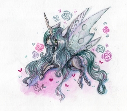 Size: 2349x2057 | Tagged: safe, artist:kimsteinandother, queen chrysalis, changeling, changeling queen, g4, female, flower, heart, high res, long mane, rose, simple background, solo, traditional art, white background