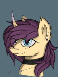 Size: 2124x2832 | Tagged: safe, artist:sinniepony, oc, oc only, pony, unicorn, abstract background, ankh, bust, choker, collar, curved horn, female, heterochromia, high res, horn, mare, piercing, portrait, purple mane, simple background, solo