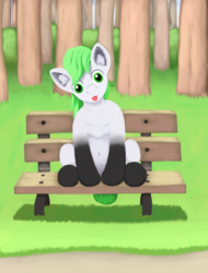 Size: 800x1051 | Tagged: safe, artist:redquoz, oc, oc only, pegasus, pony, :p, bench, chest fluff, ear fluff, forest, paintstorm studio, silly, solo, tongue out, tree