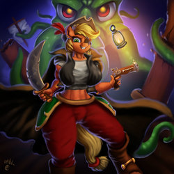 Size: 1200x1200 | Tagged: safe, artist:vittorionobile, applejack, anthro, g4, my little pony: the movie, breasts, busty applejack, clothes, cthulhu, ear piercing, eyepatch, female, flintlock, gun, hat, lantern, looking at you, midriff, pants, pet, piercing, pirate, pirate hat, pirate ship, solo, sword, weapon