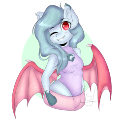 Size: 2000x2000 | Tagged: safe, artist:mirijane, oc, oc only, oc:umi, bat pony, anthro, clothes, female, high res, leotard, mare, one eye closed, pants, simple background, solo, transparent background, wink