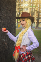 Size: 1024x1544 | Tagged: safe, artist:denpun-chan, applejack, human, g4, apple, clothes, cosplay, costume, food, hat, irl, irl human, photo, solo