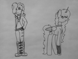 Size: 1600x1200 | Tagged: safe, artist:calibykitty, oc, oc:midnight, oc:midnight specter, alicorn, human, pony, alicorn oc, belt, boots, choker, clothes, ear piercing, earring, eyebrow piercing, female, goth, hoodie, jeans, jewelry, lineart, mare, pants, piercing, self insert, shoes, sketch, spiked choker, torn clothes, traditional art