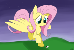 Size: 3496x2362 | Tagged: safe, artist:taurson, fluttershy, oc, breezie, pegasus, pony, g4, female, grass, high res, looking at something, looking down, mare, night, size difference, spread wings, wings