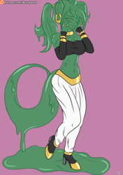 Size: 1200x1700 | Tagged: safe, artist:novaspark, oc, oc only, oc:matcha, goo pony, original species, anthro, android 21, blushing, clothes, costume, crossover, dragon ball, dragon ball fighterz, dragon ball super, dragon ball z, majin android 21, patreon, patreon logo, solo