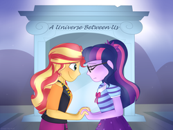Size: 2666x2000 | Tagged: safe, artist:dubsrewatcher, artist:sunsetslight, sci-twi, sunset shimmer, twilight sparkle, equestria girls, g4, my little pony equestria girls: better together, duo, eyes closed, fanfic, fanfic art, female, high res, holding hands, lesbian, ship:sci-twishimmer, ship:sunsetsparkle, shipping, smiling