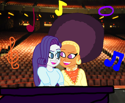 Size: 1736x1432 | Tagged: safe, artist:ktd1993, rarity, saffron masala, equestria girls, g4, afro, duet, equestria girls-ified, female, lesbian, musical instrument, piano, radio city music hall, raffron, shipping