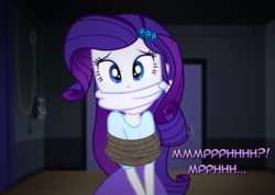 Size: 1070x760 | Tagged: safe, artist:snakeythingy, edit, rarity, equestria girls, g4, bondage, bound and gagged, cloth gag, damsel in distress, dialogue, gag, looking at you, muffled words, peril, photomanipulation, rope, rope bondage, story included, tied up