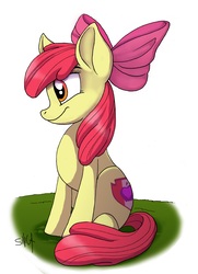 Size: 3960x5484 | Tagged: safe, artist:celestial-rainstorm, apple bloom, earth pony, pony, g4, absurd resolution, bow, female, filly, hair bow, sitting, smiling, solo