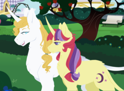 Size: 1024x755 | Tagged: safe, artist:uniquecolorchaos, moondancer, prince blueblood, pony, g4, female, male, missing accessory, moonblood, shipping, straight, tree