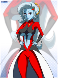 Size: 675x900 | Tagged: safe, artist:layerth, trixie, equestria girls, g4, breasts, dragon ball, dragon ball xenoverse, dragon ball z, female, hairpin, halo, looking at you, makeup, solo, towa, underboob, zoom layer