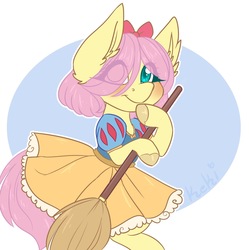 Size: 1776x1782 | Tagged: safe, artist:little-keki, fluttershy, pegasus, pony, alternate hairstyle, bow, broom, clothes, cosplay, costume, cute, disney, dress, eye clipping through hair, female, hair bow, hair over one eye, holding, hoof on chin, looking away, looking up, shyabetes, smiling, snow white, solo