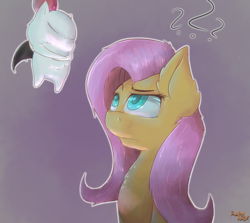 Size: 1856x1657 | Tagged: safe, artist:ruby dusk, fluttershy, moogle, pony, g4, bust, female, final fantasy, looking at something, looking up, pictogram, question mark, raised eyebrow, simple background, solo