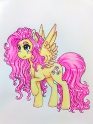 Size: 960x1280 | Tagged: safe, artist:laserdust, fluttershy, pegasus, pony, g4, blush sticker, blushing, female, raised hoof, smiling, solo, spread wings, standing, traditional art, wings