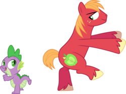 Size: 4030x3000 | Tagged: safe, artist:cloudy glow, edit, editor:slayerbvc, vector edit, big macintosh, spike, dragon, earth pony, pony, dungeons and discords, g4, .ai available, accessory-less edit, bipedal, dancing, male, missing accessory, simple background, stallion, transparent background, vector