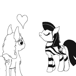 Size: 500x500 | Tagged: safe, artist:dinexistente, oc, oc only, oc:ebola zeeb, oc:ganges pone, zebra, female, heart, indian, mare, monochrome, shipping, simple background, white background, zebra oc