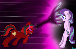 Size: 1224x792 | Tagged: safe, artist:edgarkingmaker, starlight glimmer, oc, oc:eight star, pony, unicorn, g4, female, fight, magic, male