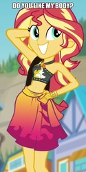 Size: 600x1196 | Tagged: safe, edit, edited screencap, screencap, sunset shimmer, equestria girls, equestria girls specials, g4, my little pony equestria girls: better together, my little pony equestria girls: forgotten friendship, belly button, clothes, image macro, meme, sunset selfie, swimsuit