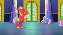 Size: 1280x720 | Tagged: safe, artist:cloudy glow, edit, edited screencap, editor:slayerbvc, screencap, vector edit, big macintosh, spike, dragon, earth pony, pony, dungeons and discords, g4, accessory-less edit, bipedal, male, missing accessory, rearing, stallion, vector