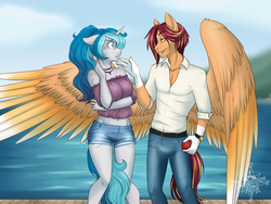 Size: 4000x3000 | Tagged: safe, artist:askbubblelee, oc, oc only, oc:bubble lee, oc:sunstreak quartz, pegasus, anthro, anthro oc, apple, belly button, body freckles, bubble, clothes, female, food, freckles, grin, looking at each other, male, mare, nervous, pants, shirt, shorts, smiling, stallion, story in the source