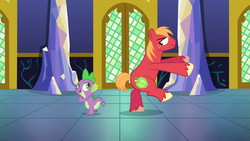 Size: 1280x720 | Tagged: safe, artist:cloudy glow, edit, edited screencap, editor:slayerbvc, screencap, vector edit, big macintosh, spike, dragon, earth pony, pony, dungeons and discords, g4, accessory-less edit, bipedal, dancing, male, missing accessory, stallion, vector