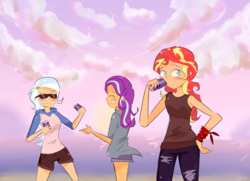 Size: 3897x2829 | Tagged: safe, artist:noahther, starlight glimmer, sunset shimmer, trixie, human, equestria girls, g4, blushing, clothes, cloud, counterparts, drink, female, high res, hoodie, human coloration, humanized, jeans, pants, shirt, shorts, sky, smiling, soda, summer, sunglasses, t-shirt, tank top, trio, twilight's counterparts