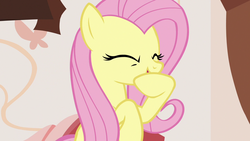 Size: 1280x720 | Tagged: safe, screencap, fluttershy, pegasus, pony, discordant harmony, g4, cute, eyes closed, female, giggling, mare, open mouth, shyabetes, solo