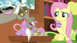 Size: 1280x720 | Tagged: safe, screencap, discord, fluttershy, draconequus, pegasus, pony, discordant harmony, g4, book, chair, cup, duo, duo male and female, female, fluttershy's cottage (interior), male, open mouth, tea party, teacup, teacups, teapot