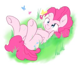 Size: 2048x1772 | Tagged: safe, artist:akainu_pony, pinkie pie, butterfly, earth pony, pony, g4, cute, diapinkes, female, grass, looking at something, mare, on back, smiling, solo, underhoof