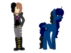Size: 1600x1200 | Tagged: safe, artist:calibykitty, artist:icicle-niceicle-1517, oc, oc:midnight, oc:midnight specter, alicorn, human, pony, alicorn oc, belt, boots, choker, clothes, colored, dyed hair, dyed mane, ear piercing, earring, eyebrow piercing, female, goth, hoodie, jeans, jewelry, mare, pants, piercing, self insert, shoes, simple background, spiked choker, torn clothes, transparent background
