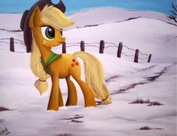 Size: 1536x1180 | Tagged: safe, artist:celestial-rainstorm, applejack, earth pony, pony, g4, acrylic painting, cowboy hat, female, freckles, hat, scenery, smiling, snow, solo, stetson, traditional art, walking