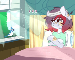 Size: 1280x1024 | Tagged: safe, artist:yuozka, oc, oc only, pegasus, pony, bandage, bandaid, bandaid on nose, bed, female, hospital, mare, solo