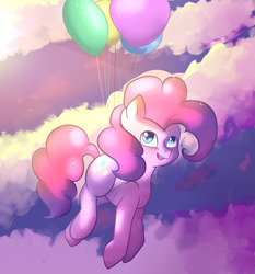 Size: 540x579 | Tagged: safe, artist:yuozka, pinkie pie, earth pony, pony, g4, balloon, cloud, collaboration, female, floating, flying, mare, smiling, solo, then watch her balloons lift her up to the sky