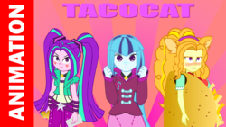 Size: 1280x720 | Tagged: safe, artist:minusclass, adagio dazzle, aria blaze, sonata dusk, equestria girls, g4, blushing, cat ears, embarrassed, female, food, solo, taco