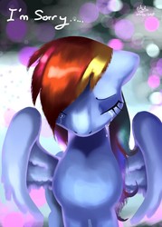 Size: 500x700 | Tagged: safe, artist:latia122, rainbow dash, pegasus, pony, g4, crying, eyes closed, female, i'm sorry, looking down, mare, sad, signature, solo, sorry, spread wings, wings