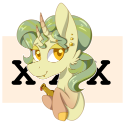 Size: 1331x1324 | Tagged: safe, artist:liamsartworld, oc, oc only, oc:sunrum, pony, abstract background, bust, horn, multiple horns, piercing, solo, transparent background
