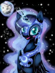 Size: 1600x2106 | Tagged: safe, artist:latia122, nightmare moon, alicorn, pony, g4, armor, blushing, bust, colored pupils, cute, female, glowing horn, helmet, horn, looking at you, mare, mare in the moon, moon, open mouth, portrait, signature, solo, stars