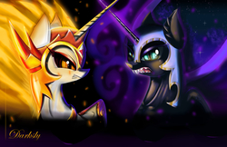 Size: 6400x4155 | Tagged: safe, artist:darksly, daybreaker, nightmare moon, alicorn, pony, g4, absurd resolution, crossed horns, female, horn, horns are touching, mare, princess, wallpaper