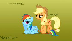 Size: 1280x720 | Tagged: safe, screencap, applejack, rainbow dash, pony, fall weather friends, g4, grass, hat