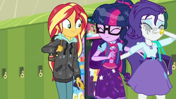 Size: 1280x720 | Tagged: safe, screencap, rarity, sci-twi, sunset shimmer, twilight sparkle, equestria girls, g4, monday blues, my little pony equestria girls: summertime shorts, geode of shielding, geode of telekinesis, magical geodes, wet