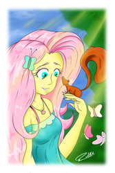 Size: 1024x1536 | Tagged: safe, artist:albertbm, fluttershy, butterfly, human, squirrel, equestria girls, g4, my little pony equestria girls: better together, eyeshadow, female, magical geodes, makeup, solo