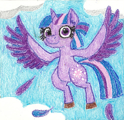 Size: 1837x1787 | Tagged: safe, artist:eternaljonathan, twilight sparkle, alicorn, original species, pony, g4, colored, crayon, feather, female, flying, harpy pony, solo, species swap, traditional art, twilight sparkle (alicorn)