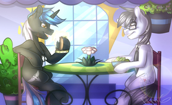 Size: 4902x2997 | Tagged: safe, artist:yuozka, oc, oc only, oc:silver bristle, earth pony, pony, unicorn, eating, food, glasses, herbivore, male, necktie, restaurant, salad, scar, sitting, smiling, stallion, table