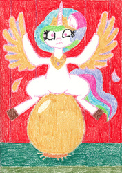 Size: 1842x2597 | Tagged: safe, artist:eternaljonathan, princess celestia, original species, g4, colored, crayon, egg, feather, harpy pony, oviposition, pain, species swap, teary eyes, traditional art
