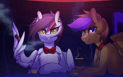 Size: 1280x800 | Tagged: safe, artist:yuozka, oc, oc only, pegasus, pony, cigar, female, looking at you, male, mare, smoking, stallion, wing hands