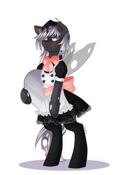 Size: 3006x4357 | Tagged: safe, artist:yuozka, oc, oc only, oc:silver lies, changeling, semi-anthro, blushing, changeling oc, clothes, female, looking at you, maid, mare, simple background, solo, white background, white changeling