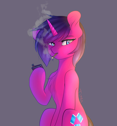 Size: 3254x3500 | Tagged: safe, artist:yuozka, oc, oc only, oc:fizzy pop, pony, unicorn, cigarette, high res, looking at you, smoking, solo